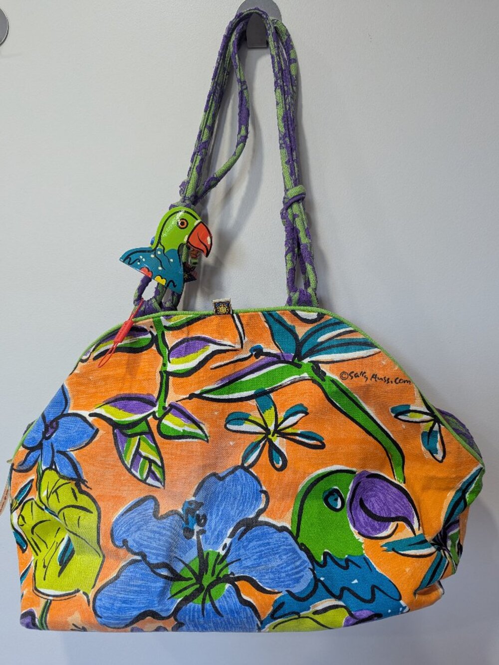 Sally Huss Canvas Tote Bag Colorful Parrot Beach Cruise Travel